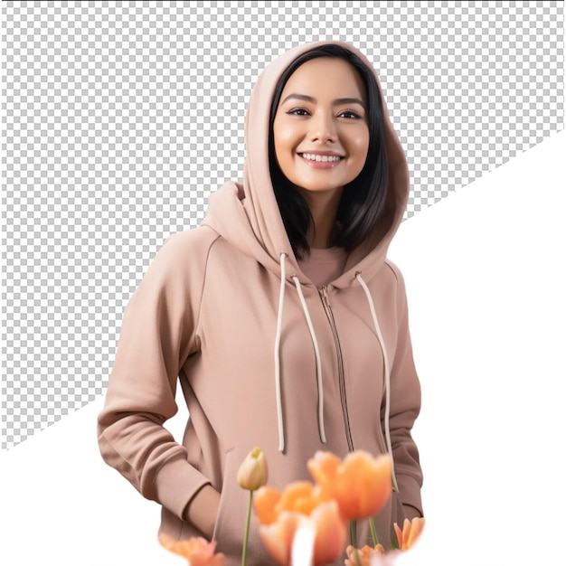 PSD a woman wearing a hoodie that says quot shes smiling quot