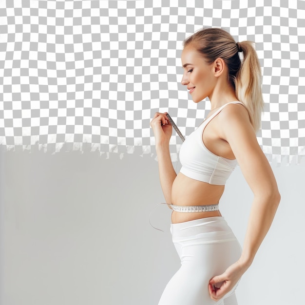 PSD a woman in white pants and a silver belt with a spoon in her hand