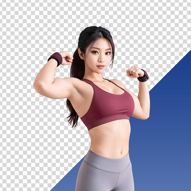 PSD a woman with a dumbbell on her back stands in front of a blue background