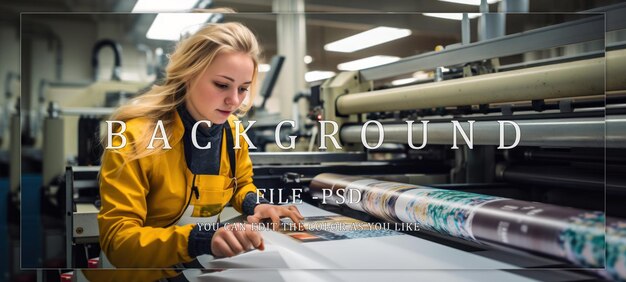 Woman in Yellow Inspecting a Printing Press