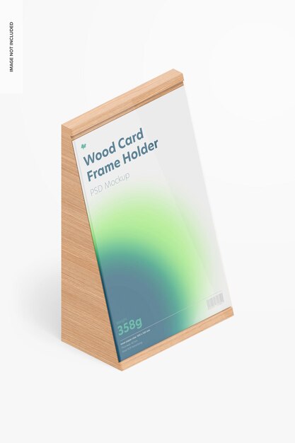 PSD wood card frame holder mockup, isometric left view