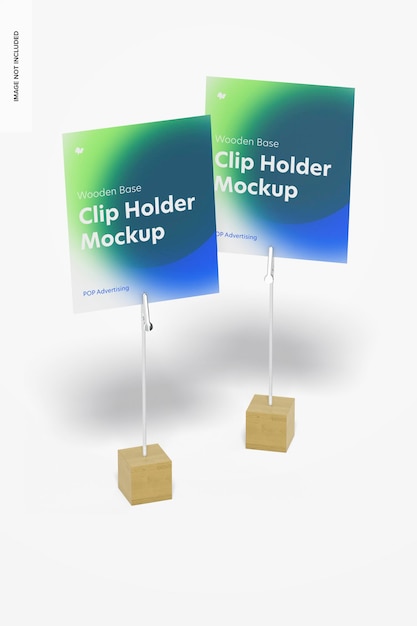 PSD wooden base photo clip holders mockup, perspective