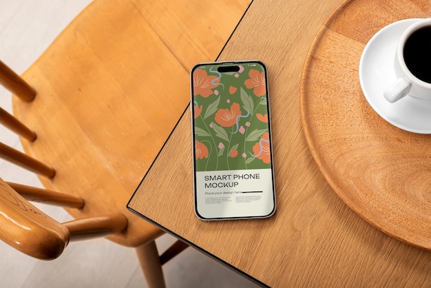 Wooden furniture with phone mockup