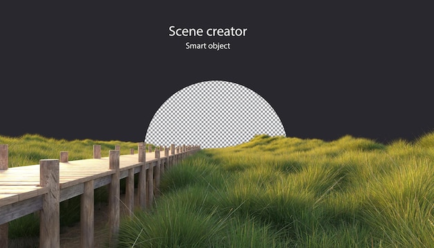 PSD деревянная дорожка через зеленое поле ковыля деревянная дорожка через травяное поле