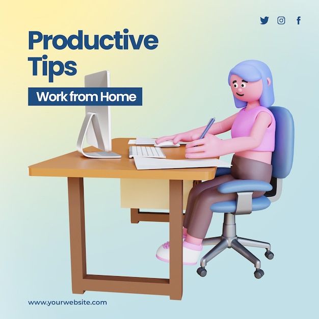 work from home productive tips post template with 3d render character working on dekstop