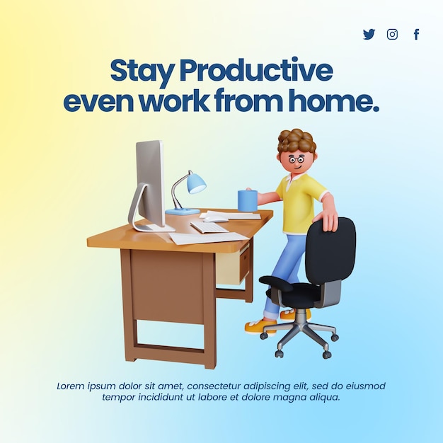 work from home productive tips post template with 3d render character working on dekstop