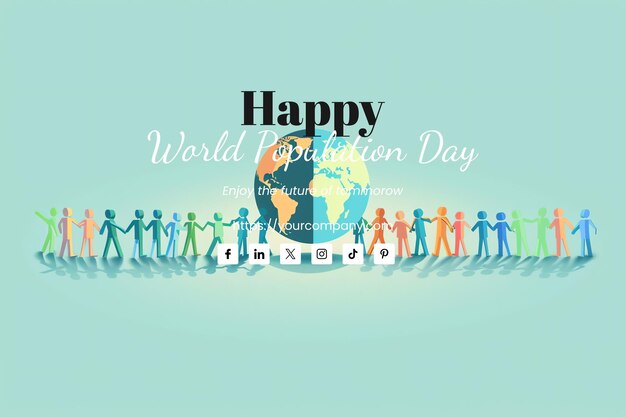 PSD world population day illustration of diverse people holding hands around the globe mint background