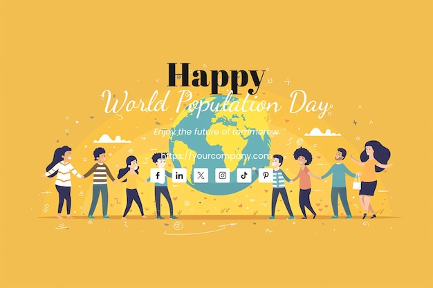 PSD world population day illustration of diverse people holding hands around the globe mustard color