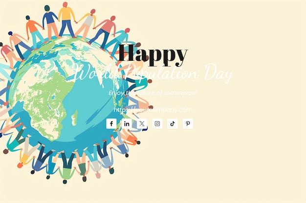 PSD world population day illustration of diverse people holding hands around the globe olive background