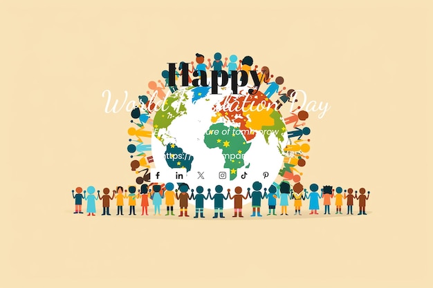 PSD world population day illustration of diverse people holding hands autumn brown color