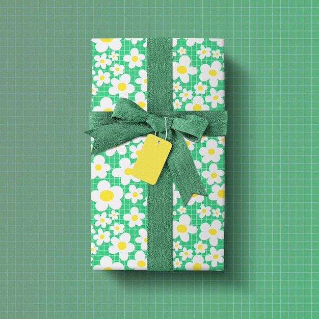 PSD wrapped gift box mockup green floral packaging design psd