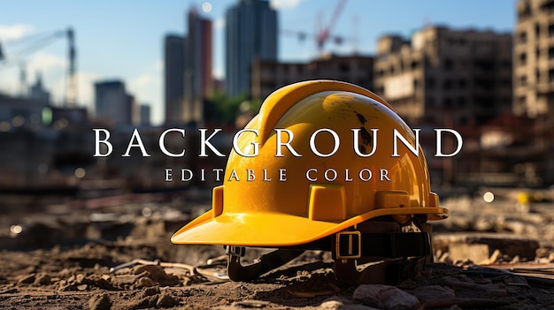 yellow helmet on construction site and excavator background on building construction