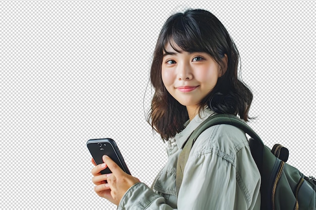 PSD young asian beautiful woman with backpack holding phone on white background