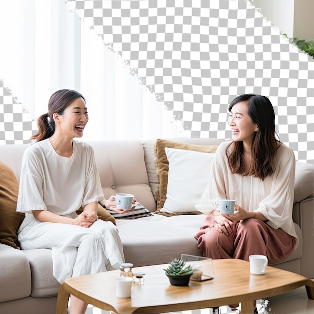 PSD young asian women talking in the living room isolated on transparent background