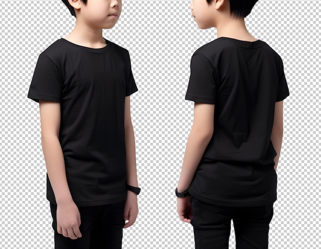 PSD young boy in black t shirt mockup front and back view cutout