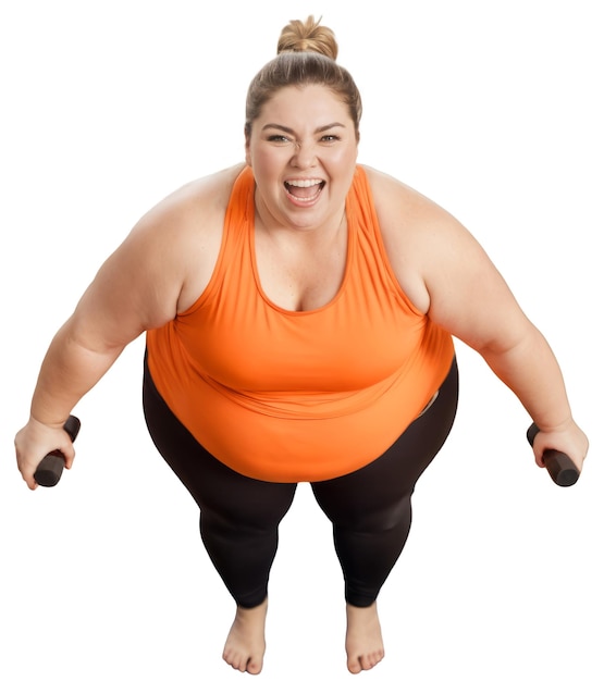 PSD young caucasian woman with obesity holding small weights isolated on white or transparent background