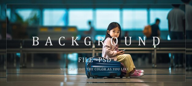 PSD young girl sitting on luggage in airport