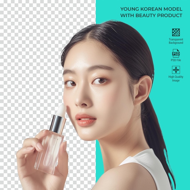 PSD young korean model with beauty product isolated on transparent background