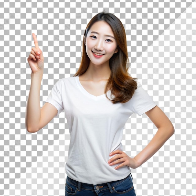 PSD a young korean woman in a white shirt and pointing her hand on transparent background