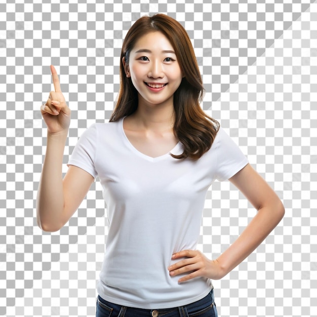 PSD a young korean woman in a white shirt and pointing her hand on transparent background