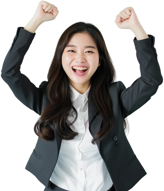 Young woman in professional attirehands raised and cheering for victoryPNGclip arttransparent