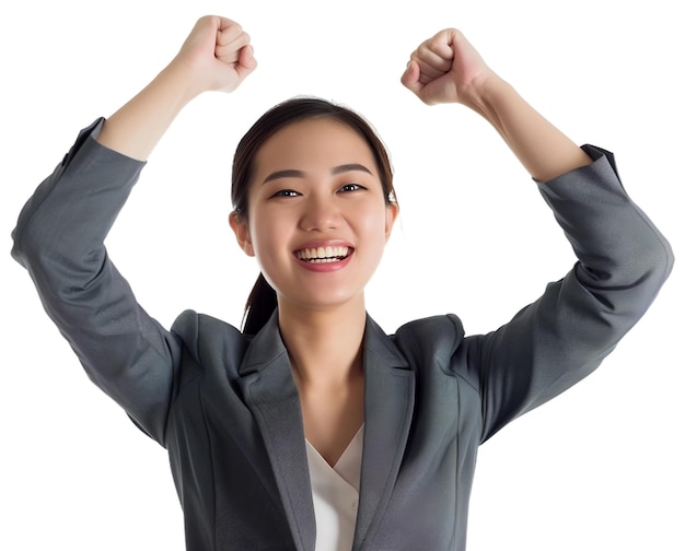 Young woman in professional attirehands raised and cheering for victoryPNGclip arttransparent