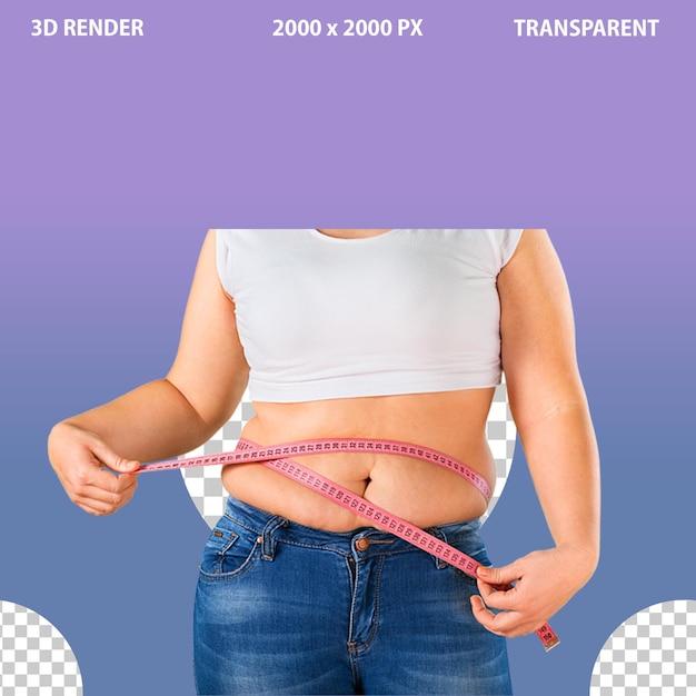 A young woman showing weight loss deiting on png transparent background