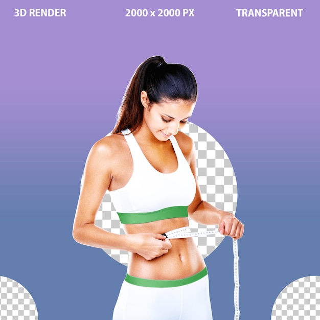 A young woman showing weight loss deiting on png transparent background