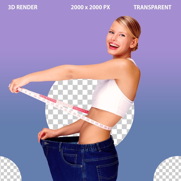 A young woman showing weight loss deiting on png transparent background