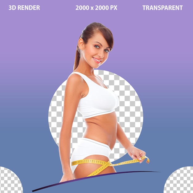 A young woman showing weight loss deiting on png transparent background