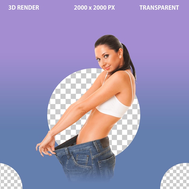 A young woman showing weight loss deiting on png transparent background