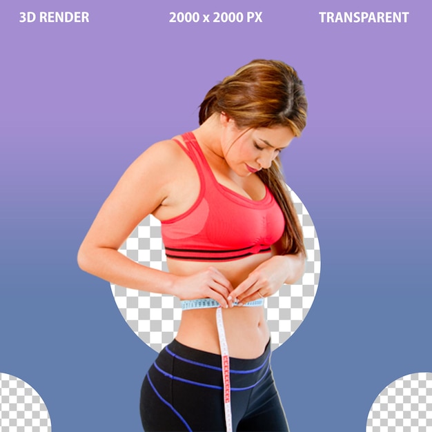 A young woman showing weight loss deiting on png transparent background