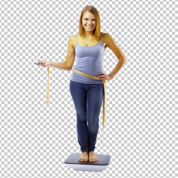 PSD young woman with measuring tape standing on scales transparent background