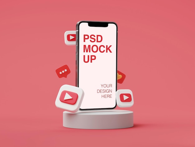 Youtube logo social media post on mobile phone mockup with 3d icons