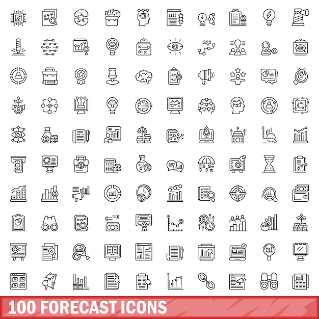 100 forecast icons set outline style