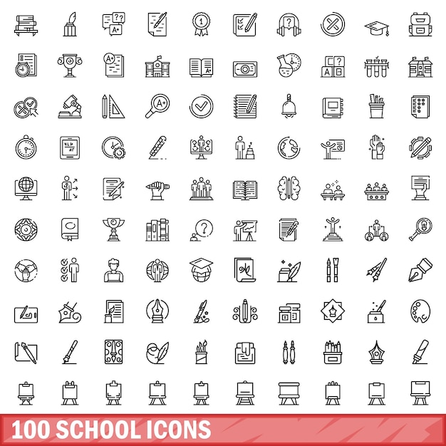 Vector 100 school icons set outline style