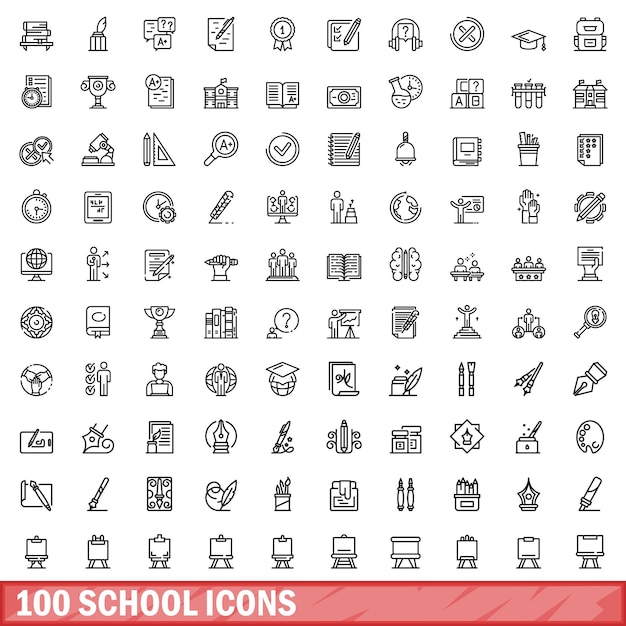 100 school icons set outline style