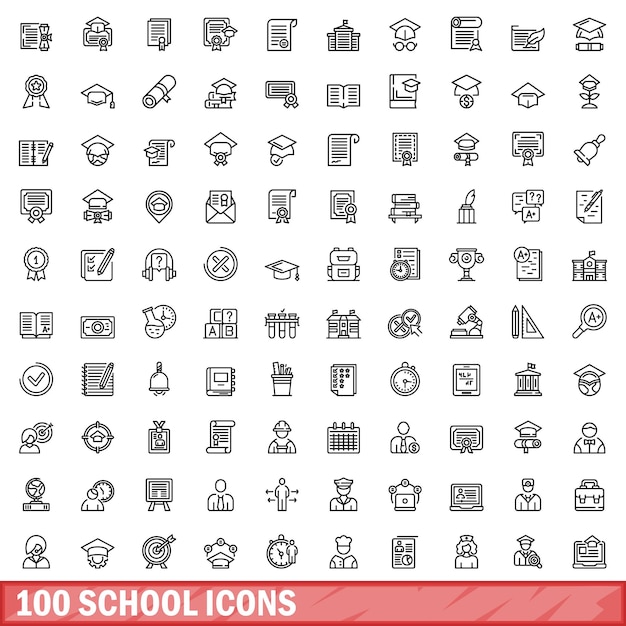 100 school icons set outline style