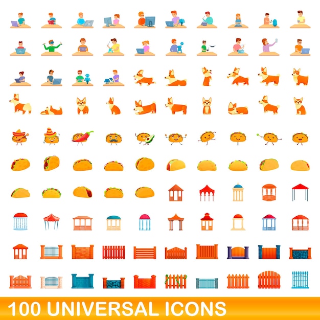 100 universal icons set. Cartoon illustration of 100 universal icons vector set isolated on white background