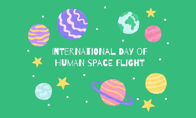 Vector 12 april day of human space flight galaxy poster hand drawn cartoon elements vector illustration