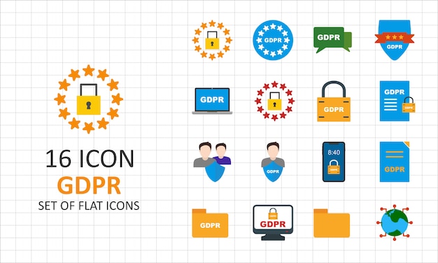 16 GDPR Flat Icon Sheet Pixel Perfect Icons