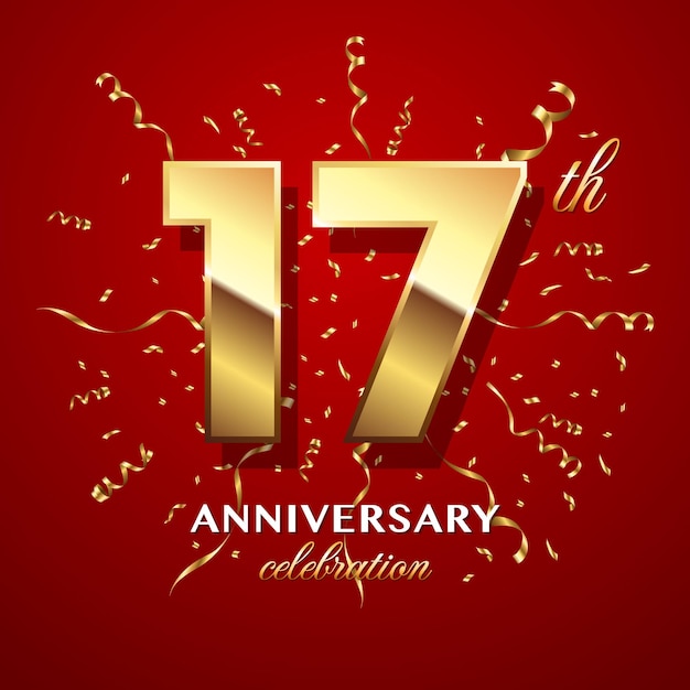 Vector 17th anniversary celebration logo design with golden number and ribbon logo vector template