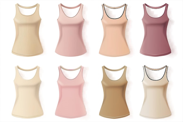 Vector 2 set of pastel pink beige front back and side view sleeveless tee t shirt tank singlet round neck