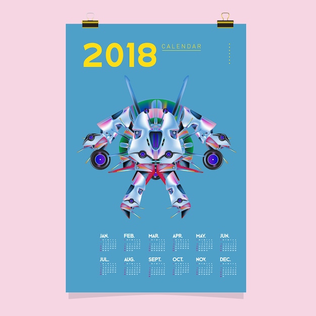 2018 Calendar template with Robot Design Illustration