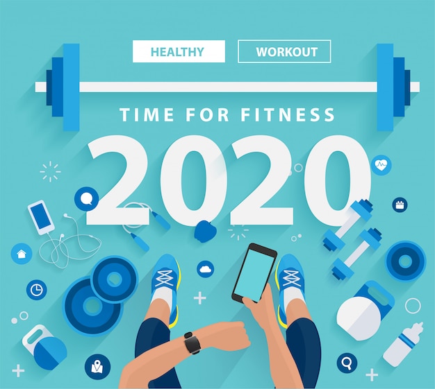 Vector 2020 new year time for fitness in gym healthy lifestyle ideas concept design