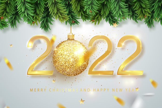 2022 Happy new year. Gold Numbers Design of greeting card of Falling Shiny Confetti. Gold Shining Pattern. Happy New Year Banner with 2022 Numbers on Bright Background. Vector illustration.