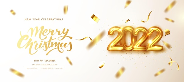 Vector 2022 new year celebrations. golden numbers date 2022 with falling golden shimmering confetti of greeting card. merry christmas banner