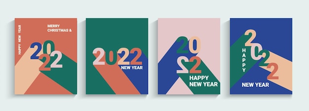 2022 New year, set greeting banners,flyers.Numbers with long different colors shadows.Collection posters,cards in simple geometric style.Design templates for cover,social media,leaflet,header. Vector.