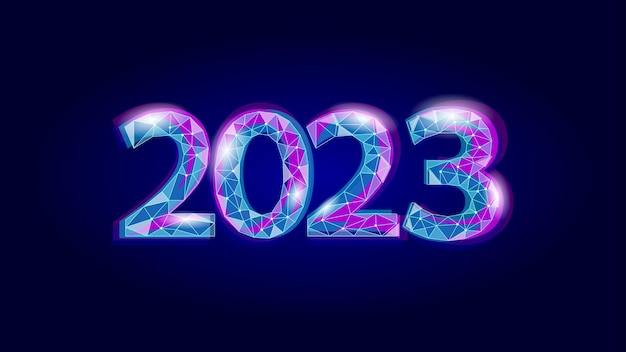 2023 New Year 3D metal ice texture Glowing shape blue dark neon number illustration Celebration decoration steel silver chrome poster greeting card vector