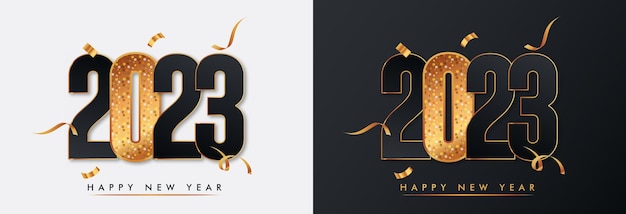 2023 new year sign black numbers 2023 with golden glitter numbers on black and white background